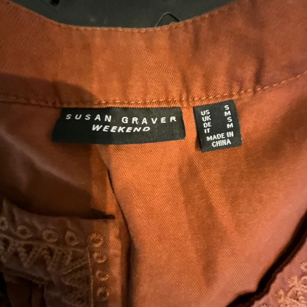 Susan Graver Weekend Rust Orange‎ Embroidered Lyocell Cotton Blouse Womens Small - Picture 6 of 10